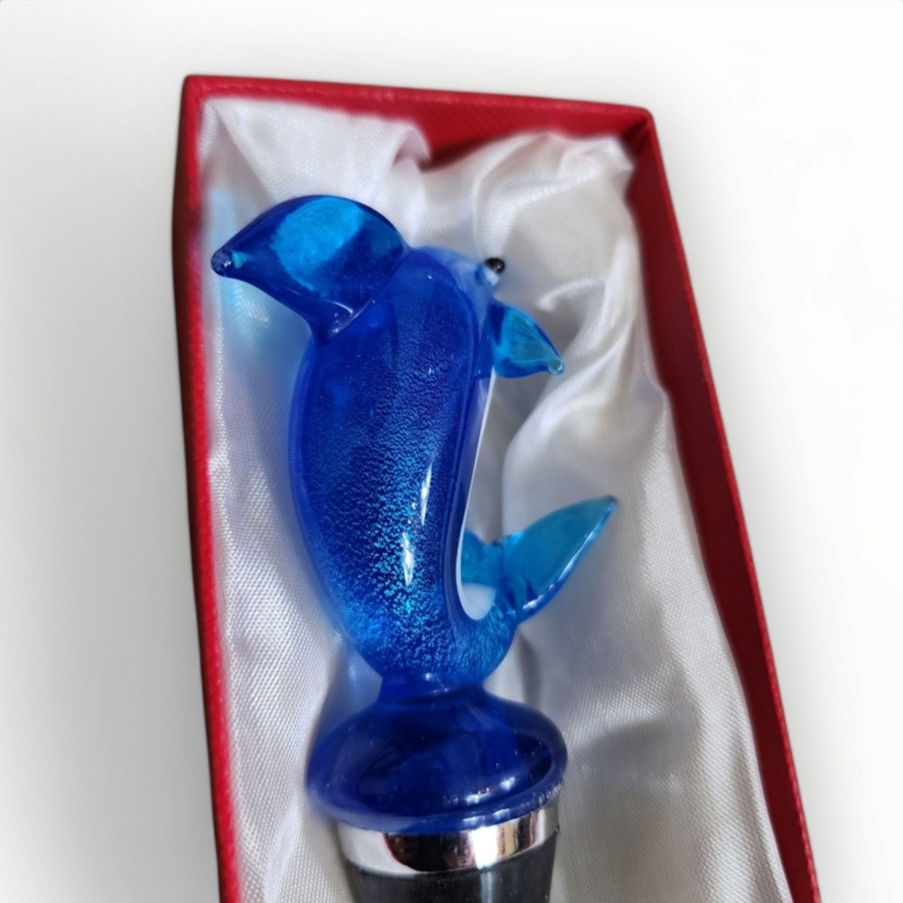 Blown Art Glass Blue Dolphin Wine Bottle Stopper - Picture 4 of 9